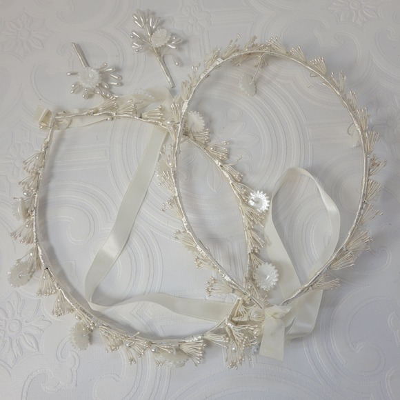 Vintage Greek Stefana‎ Wedding Crowns Ivory Pearls Floral 1980\'s Orthodox main image 9